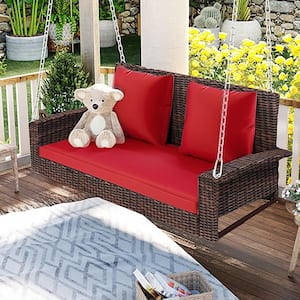 2-Person Wicker Hanging Porch Swing with Chains, Cushion, Pillow, for Garden, Backyard, Pond.(Brown Wicker, Red Cushion)