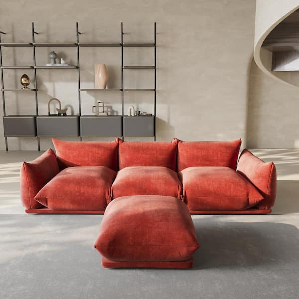 104 in. Flared Arm 4-Piece Chenille 3 Seater Modular Minimalist Convertible Couch Sectional Sofa with Ottoman in. Orange