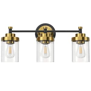 18 in. 3-Light Black and Brass Modern Dimmable Vanity Light with Clear Ribbed Glass Shades E26 Sockets