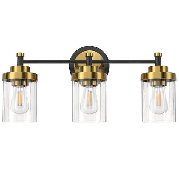 Merra 18 in. 3-Light Black and Brass Modern Dimmable Vanity Light with Clear Ribbed Glass Shades E26 Sockets