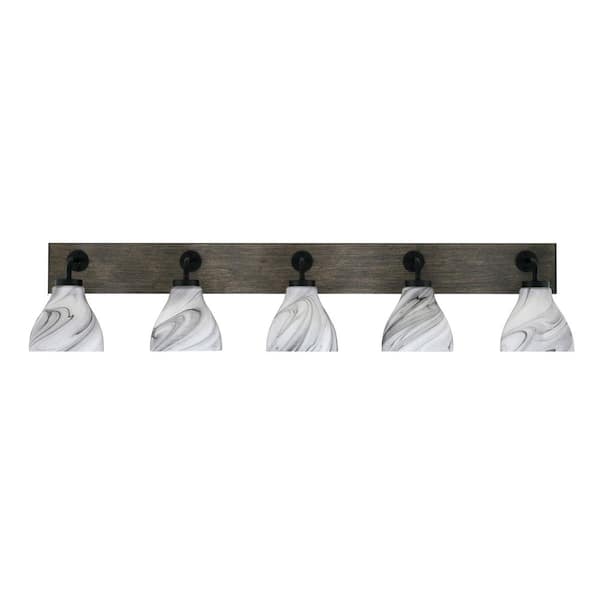 Unbranded Kirby 47 in. 5 Light Black and Painted Wood-look Vanity Light with 6.25 in. Onyx Swirl Glass Shades No Bulbs Included