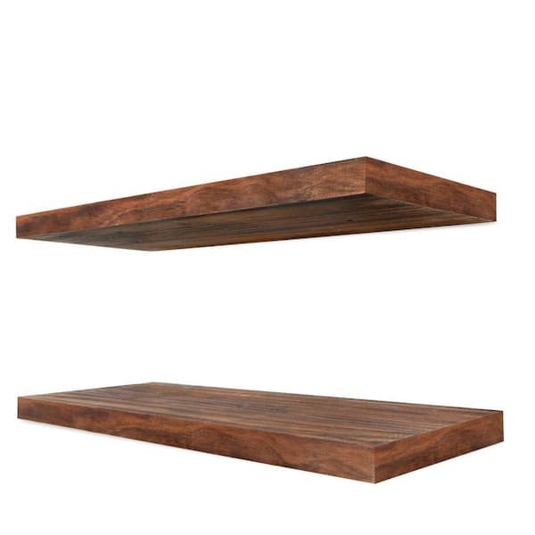 Solid Wood Floating Shelves, 16 in. W x 5.5 in. D Walnut Wood Decorative Wall Shelf, Set of-2 100% Premium Solid Pine