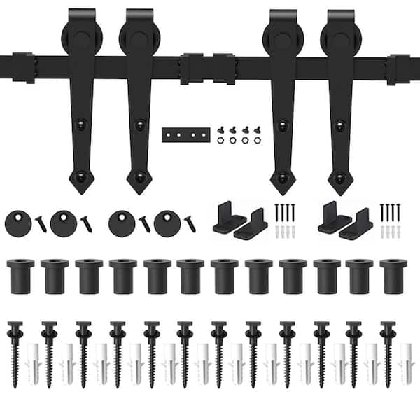 WINSOON 15 ft./180 in. Black Steel Heavy-Duty Rolling Barn Door Hardware Kit for Double Wood Doors with Non-Routed Floor Guide