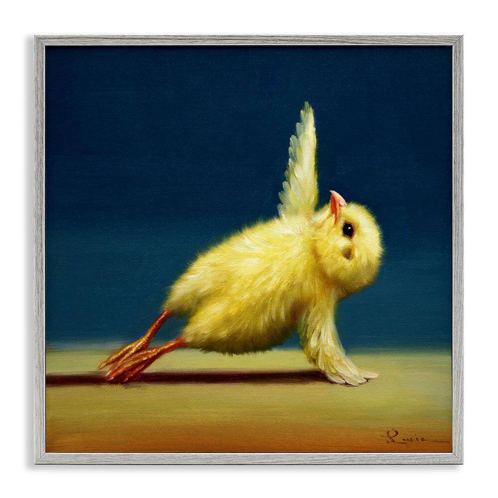 Yellow Chick Stretching Yoga by Lucia Heffernan Gray Framed Giclee Art Print Animal 17 in. x 17 in. price history on PriceWatchPro