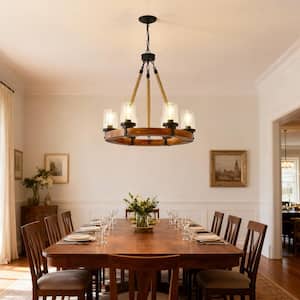 Wagon Wheel Chandelier 6 Lights 24 in. with Glass Shades, Wooden Chandelier for Vintage Style Living Rooms, Dining Rooms