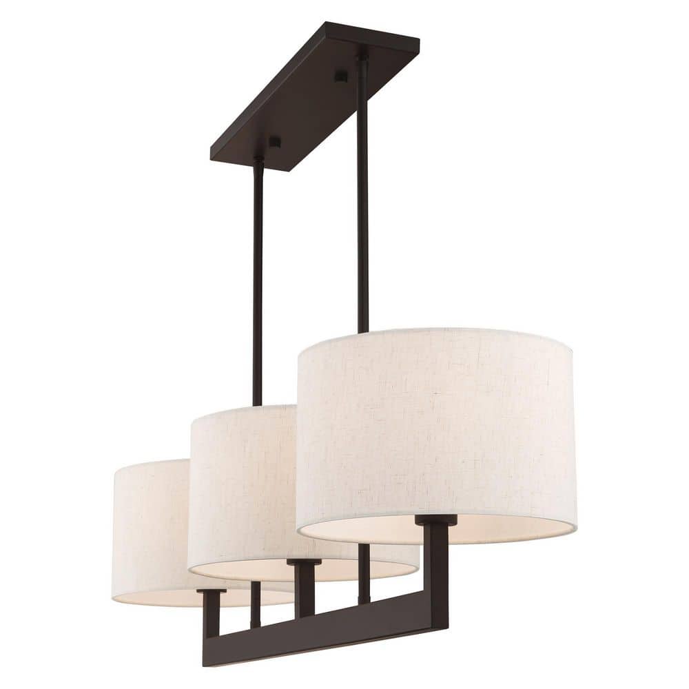Contemporary Bronze 3-Light Chandelier with Oatmeal Fabric Shade