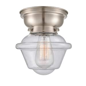 Oxford 7.5 in. 1-Light Brushed Satin Nickel Flush Mount with Seedy Glass Shade