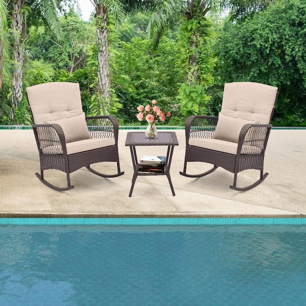 3-Pieces Wicker Patio Conversation Set Rocking Bistro Set with 2-Tier Coffee Table, Beige Cushions