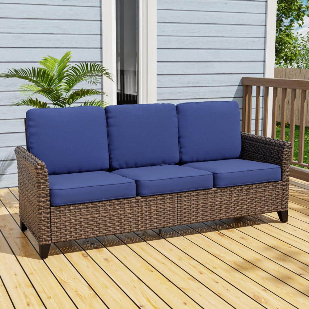 Patio Wicker 3-Seat Sofa Couch Conversation Furniture w/ Hand-Woven Rattan Thickened Cushion Metal Frame, Blue price history on PriceWatchPro