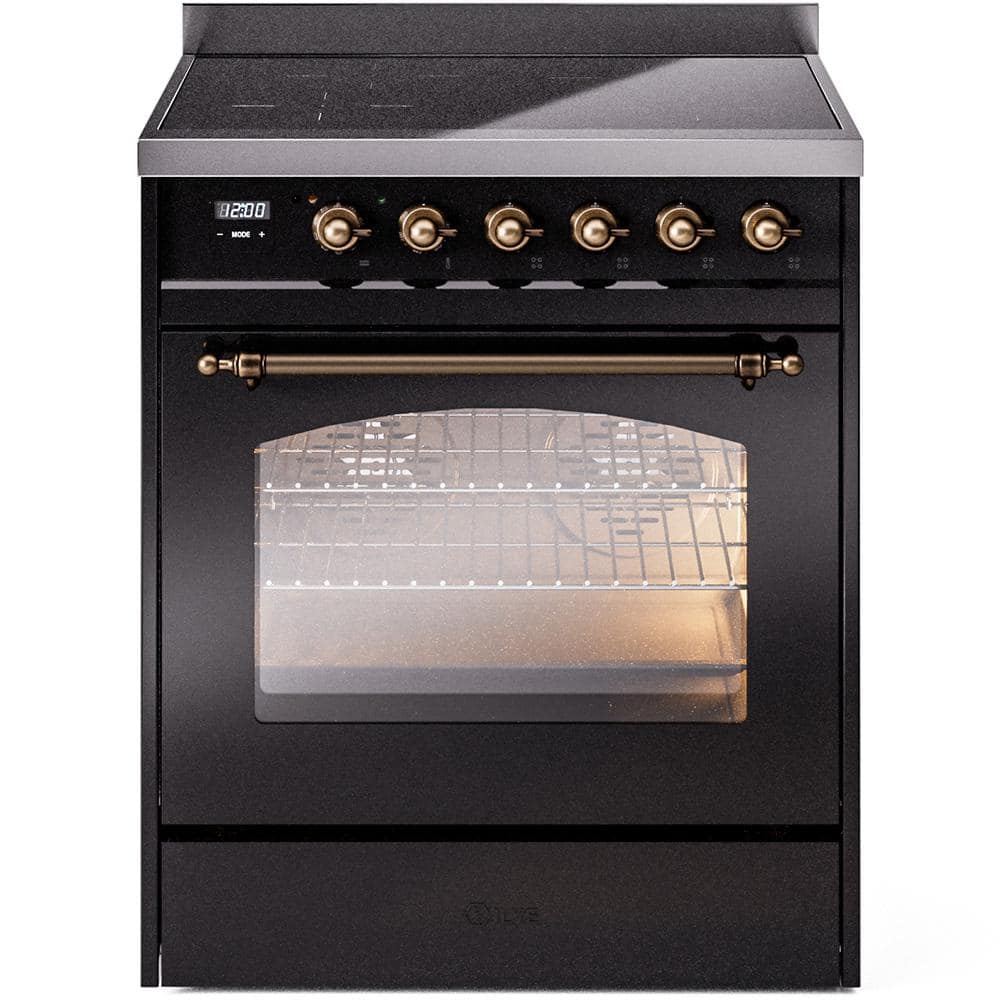 Nostalgie II 30 in. 4 Zone Freestanding Induction Range in Glossy Black with Bronze -  ILVE, UPI304NMPBKB