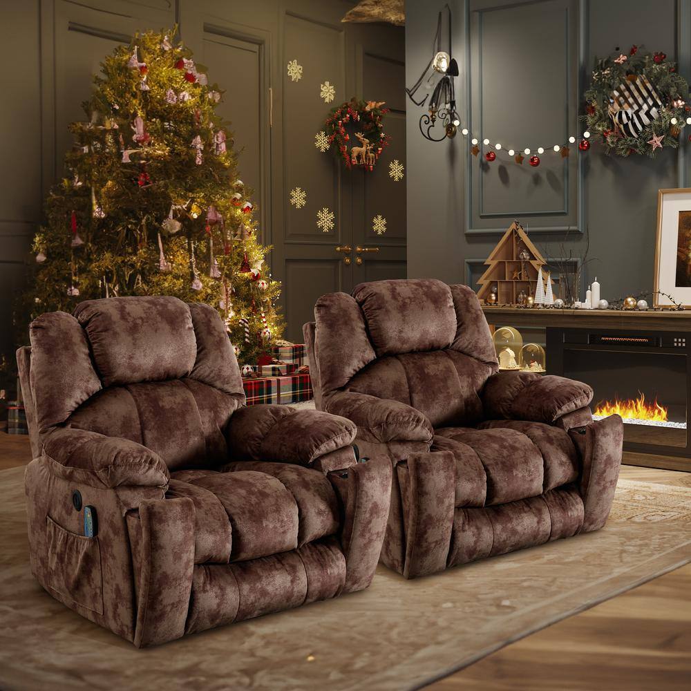 Two brown microsuede power lift recliner chairs in a festive room.
