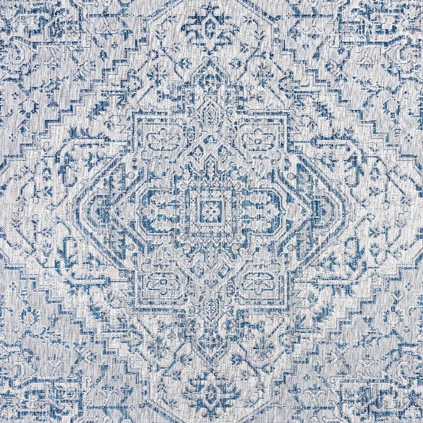 Estrella Bohemian Medallion Textured Weave Navy/Gray 4 ft. x 4 ft. Indoor/Outdoor Area Rug