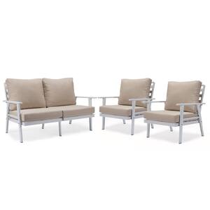 Walbrooke White 3-Pcs Aluminum Outdoor Sectional Set with Removable Cushions Loveseat and Set of 2 Armchair, Beige