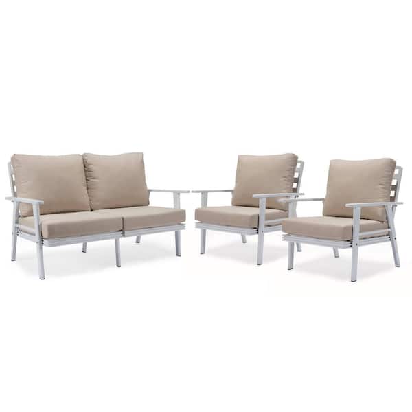 Leisuremod Walbrooke White 3-Pcs Aluminum Outdoor Sectional Set with Removable Cushions Loveseat and Set of 2 Armchair, Beige