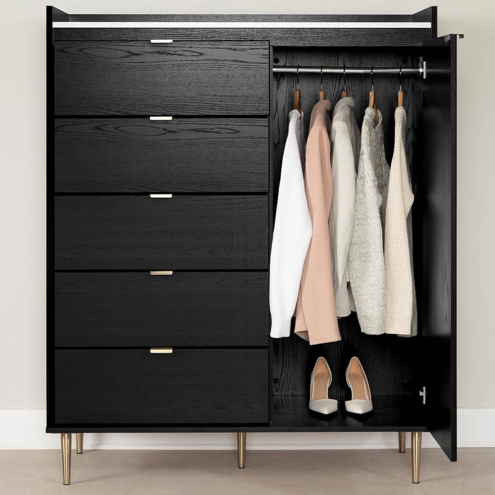 Black Oak and Faux Carrara Marble 5-Drawer Glam Dresser