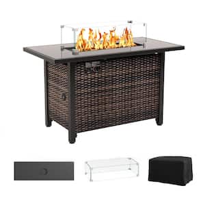 43 in. Brown Wicker Rectangle Outdoor Fire Pit Table with Glass Cover, Lid and Glass Stone