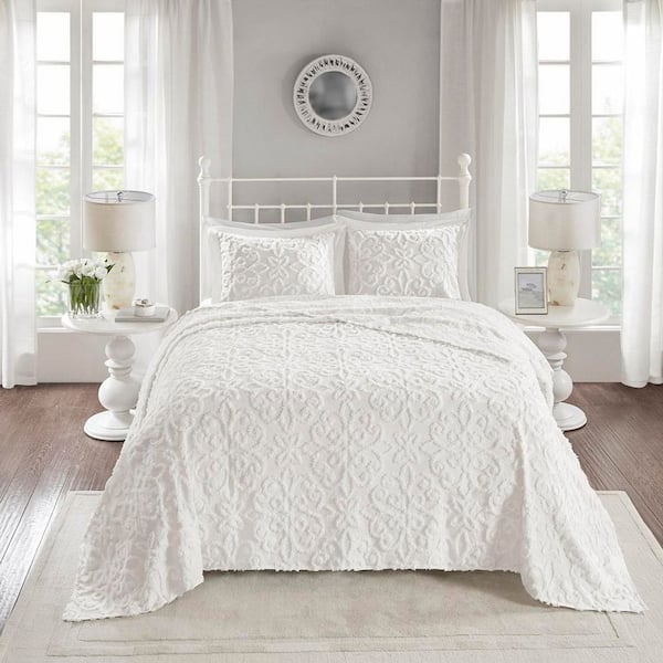 Sarah 3-Piece Off-White Other Cotton Full/Queen Tufted Chenille Bedspread Set