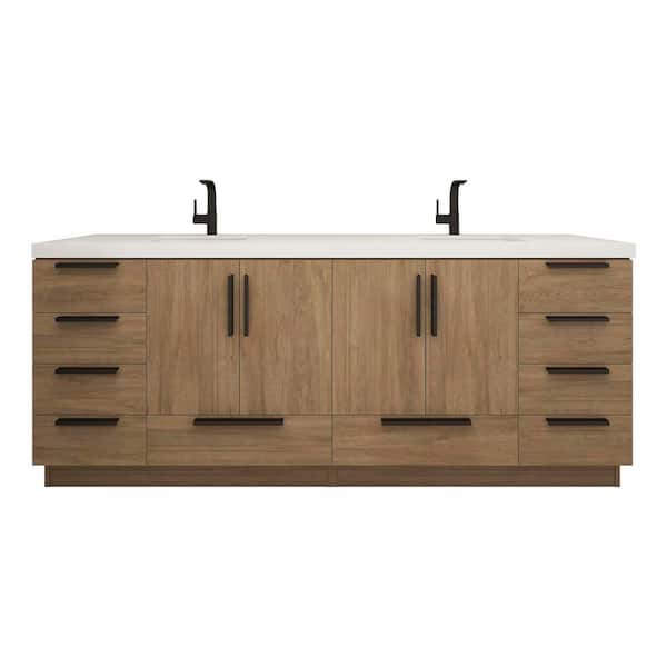 Carla 84 in. W x 20 in. D x 35 in. H Double Sink Freestanding Bath Vanity in Dark French Oak with White Acrylic Top