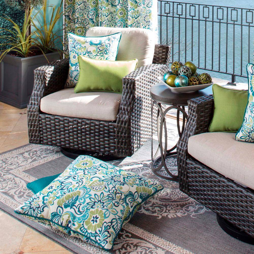 Mallard Blue Floral Linen Outdoor Lumbar Throw Pillow Set
