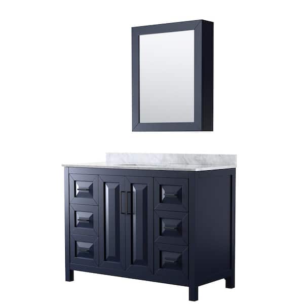 Wyndham Collection Daria 48 in. W x 22 in. D x 35.75 in. H Single Bath Vanity in Dark Blue with White Carrara Marble Top and Mirror