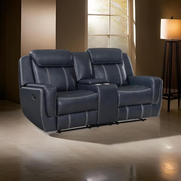 Benjara 75.5 in. Flared Arm Faux Leather Rectangle Recliner Loveseat Sofa in Blue