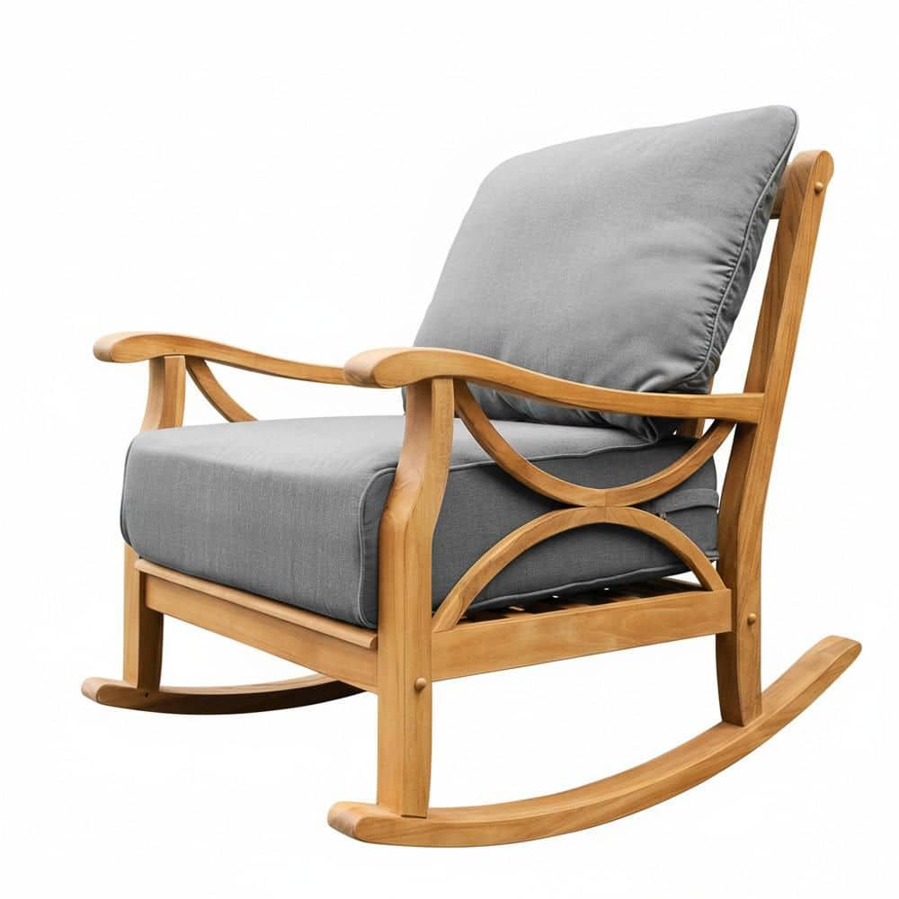 Kinsley Premium Indonesia Teak Wood Outdoor Rocking Chair with Gray Cushion