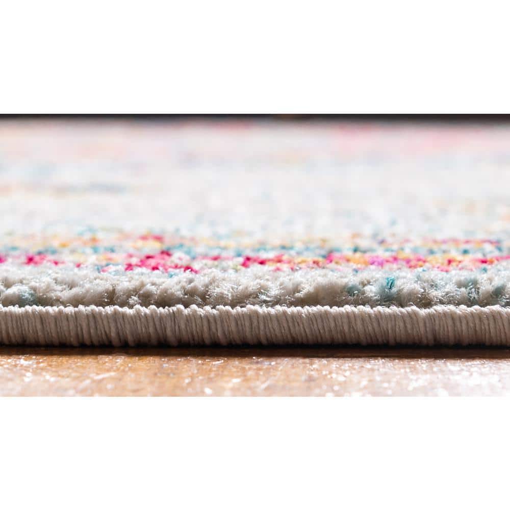 Ivory and Multicolor Square Synthetic Indoor Rug