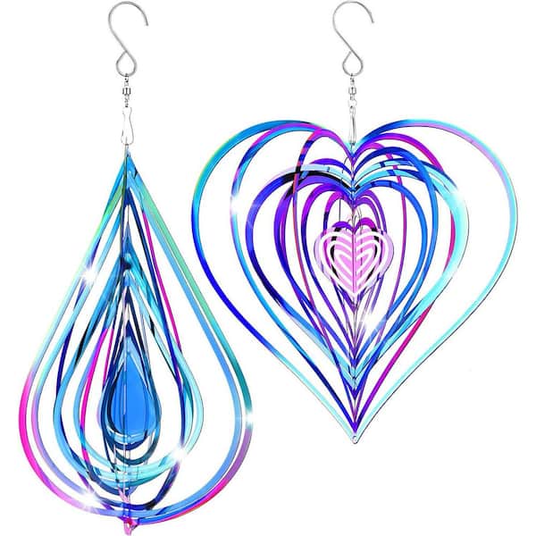 2 Pieces Heart Wind Spinner Outdoor Metal 3D Hanging Flowing Stainless Steel Mirrored Patio Wind Chime Decor(Colorful)