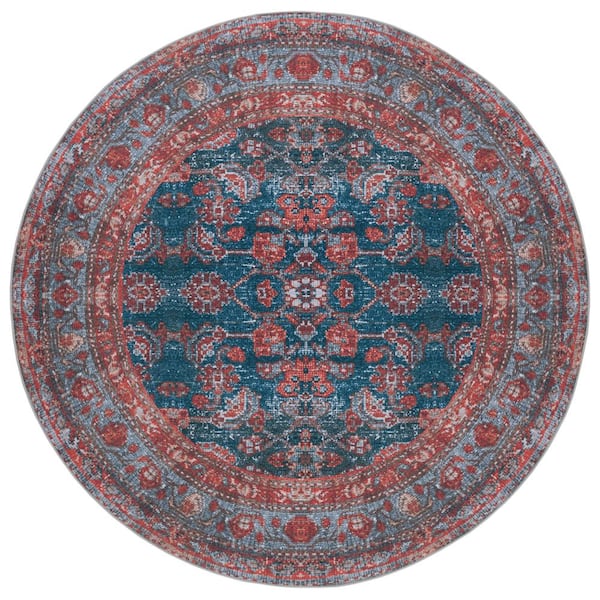 SAFAVIEH Tucson Blue/Rust 6 ft. x 6 ft. Machine Washable Border Distressed Floral Round Area Rug