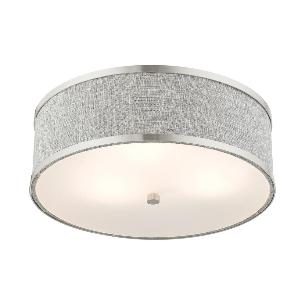 Brushed Nickel 3-Light Semi-Flush Drum Ceiling Fixture with Handcrafted Gray Fabric Shade