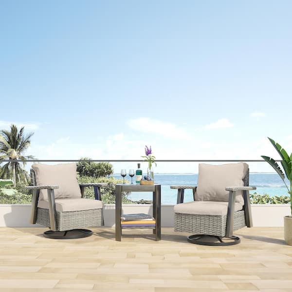 JOYSIDE 3-Piece Wicker Patio Swivel Rocking Chair Conversation Set with Beige Cushions