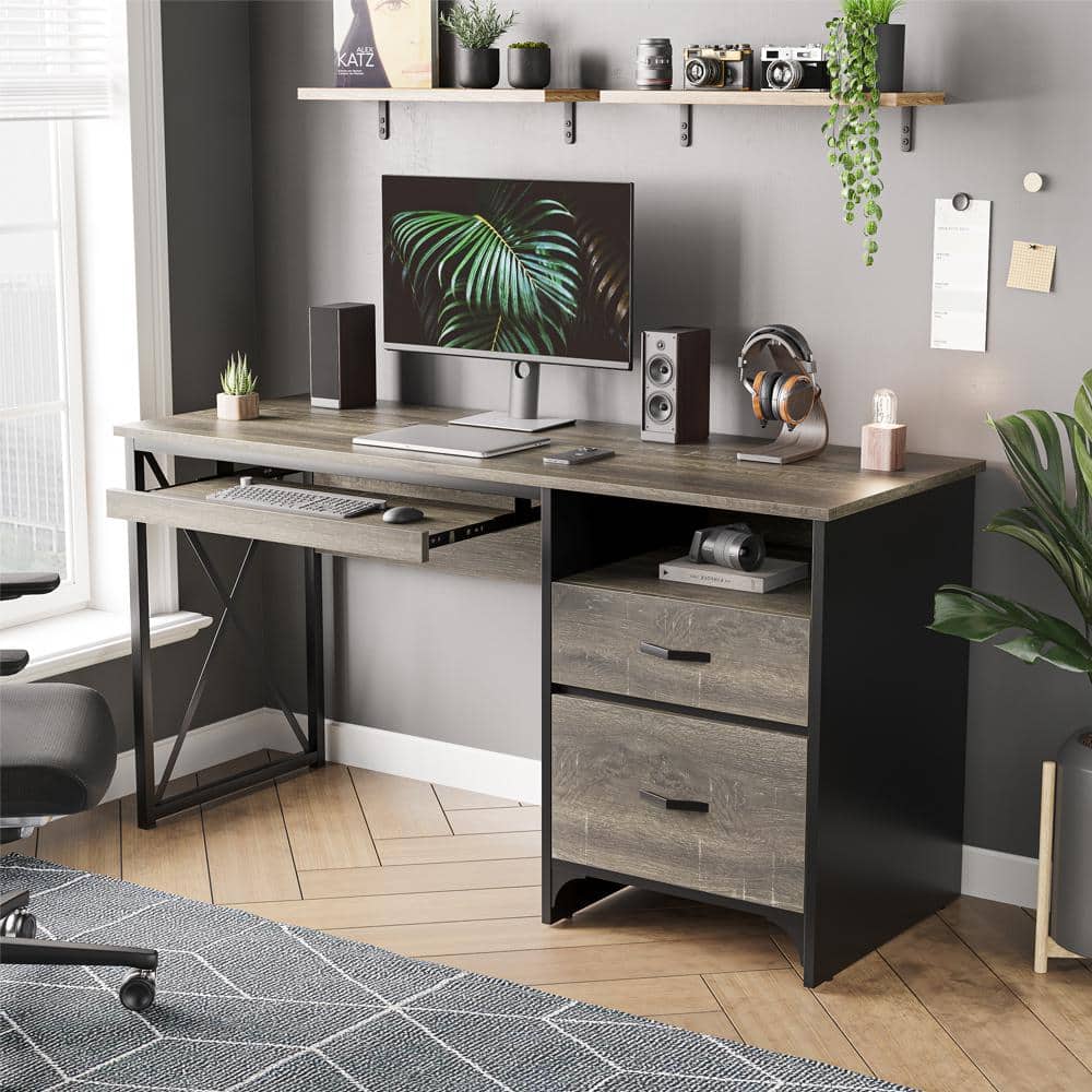 Bestier 55 in. Desk with 2-Drawers Industrial Style Office Desk with  Keyboard Tray Dark Retro Grey Oak D374Q-RGOD - The Home Depot