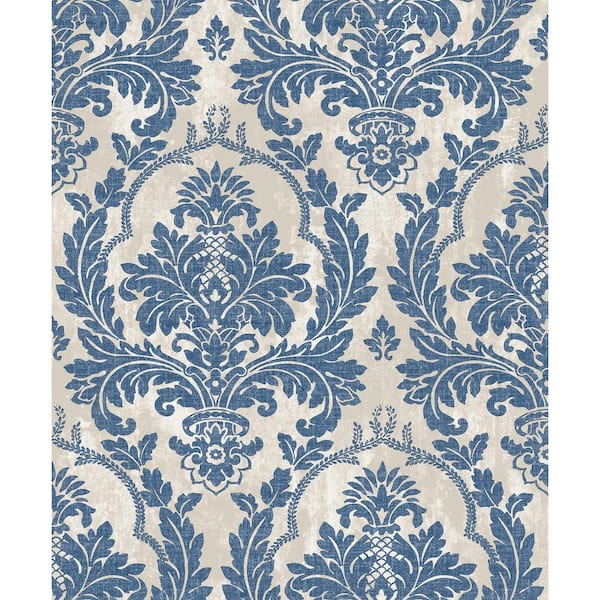 Large Damask Blue/Silver Metallic Finish Vinyl on Non-woven Non-Pasted  Wallpaper Roll