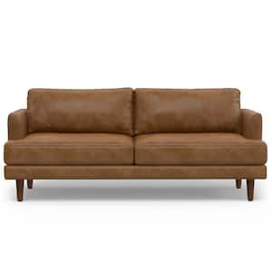 Livingston Mid-Century Modern 76 in. Wide Sofa in Caramel Brown Genuine Leather
