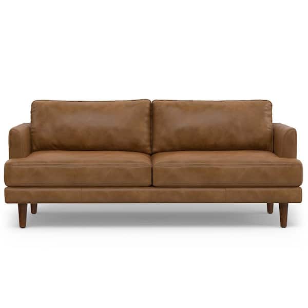 Livingston Mid-Century Modern 76 in. Straight Arm Genuine Leather Wide Rectangle Sofa in Caramel Brown
