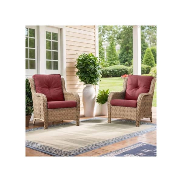 4-Piece Patio Yellow Wicker Outdoor Chat Sets with Red Olefin Cushions and Matching Ottomans