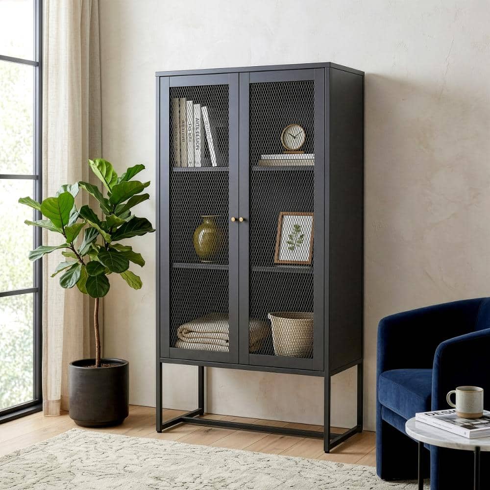 Glamour Home Bentley 59.11 in. Tall Black Steel 3-Shelf 2-Door Storage ...