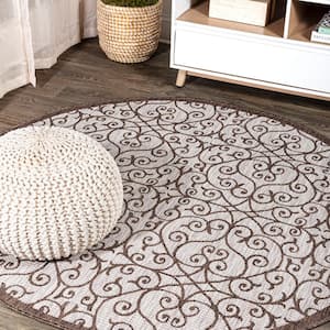 Madrid Vintage Filigree Taupe/Espresso 5 ft. Round Textured Weave Indoor/Outdoor Area Rug