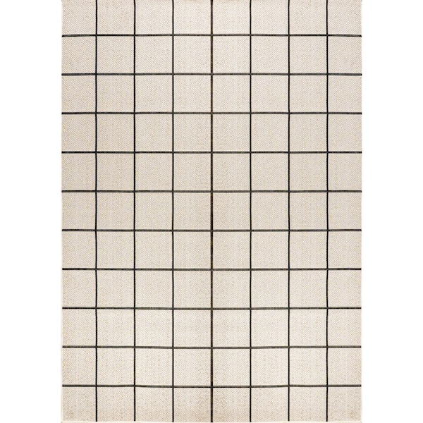 Cream/Dark Gray 4 ft. x 6 ft.Grid Modern Squares Indoor/Outdoor Area Rug