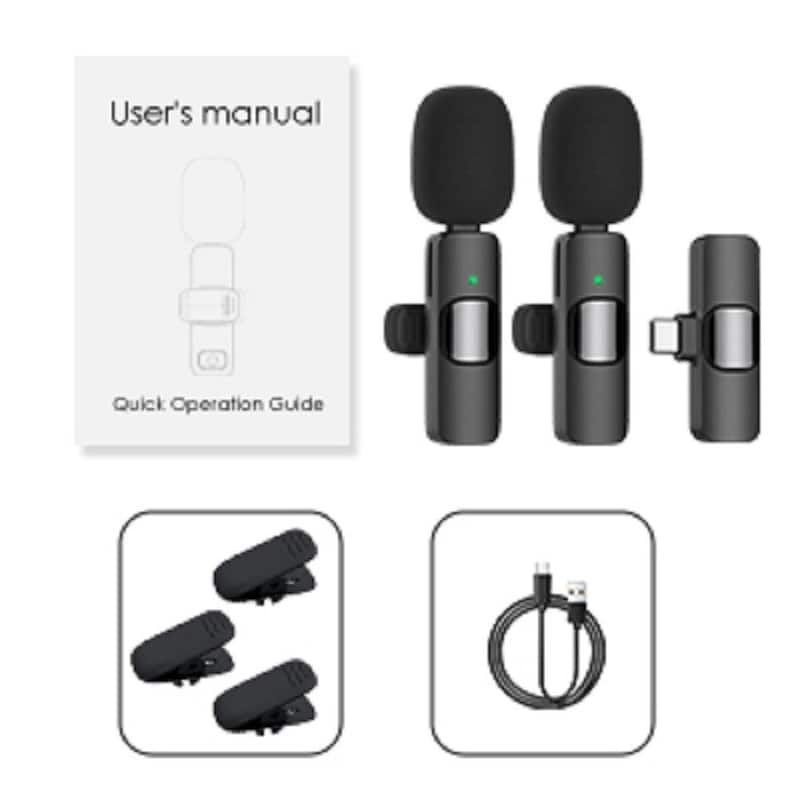 Professional Wireless Lavalier Microphone for USB C, iPhone 15 Series, Cordless Omnidirectional Sound Reception in Black