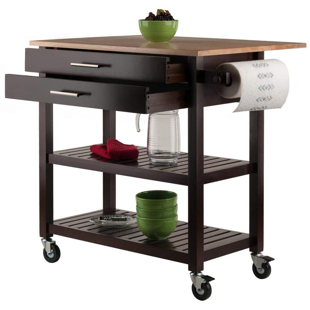 Brown Wood Drop Leaf Kitchen Cart with Storage