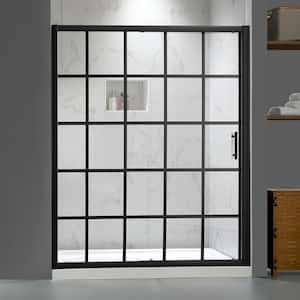 UK-003 60 in. W x 79 in. H Single Sliding Semi-Frameless Shower Door in Matte Black, 1/4 in. SGCC Black Grid Glass