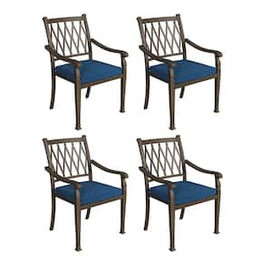 Set of 4 Cast Aluminum Outdoor Patio Classic Lattice Dining Chair with Blue Cushion