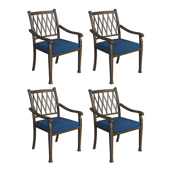 Clihome Set of 4 Cast Aluminum Outdoor Patio Classic Lattice Dining Chair with Blue Cushion