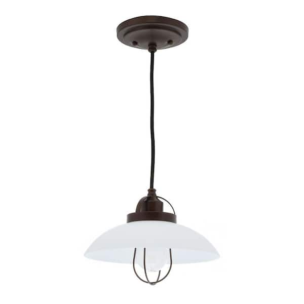 Generation Lighting Urban Renewal 10 in. W 1-Light Bronze Patina Industrial Warehouse Mini Pendant with White Etched Glass Shade