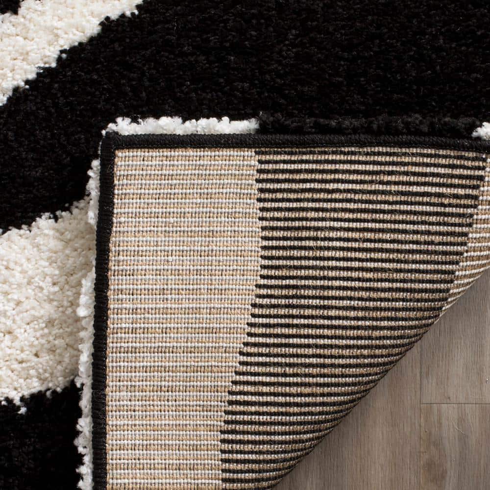 Ivory and Black Stripe Hand-Knotted Shag Runner Rug 2'3" x 11'