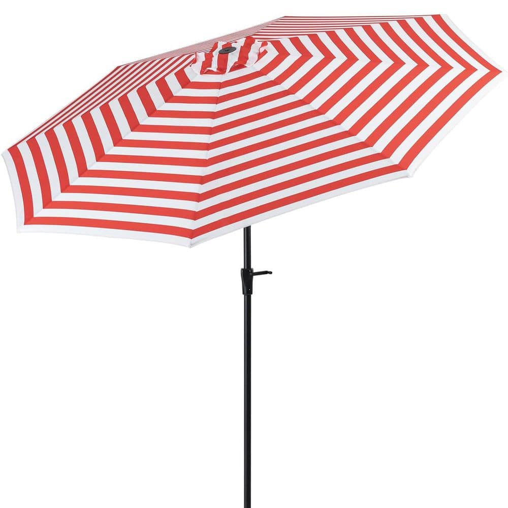 9 ft. Metal Market Tilt Patio Umbrella in Red White Stripe with Auto Tilt