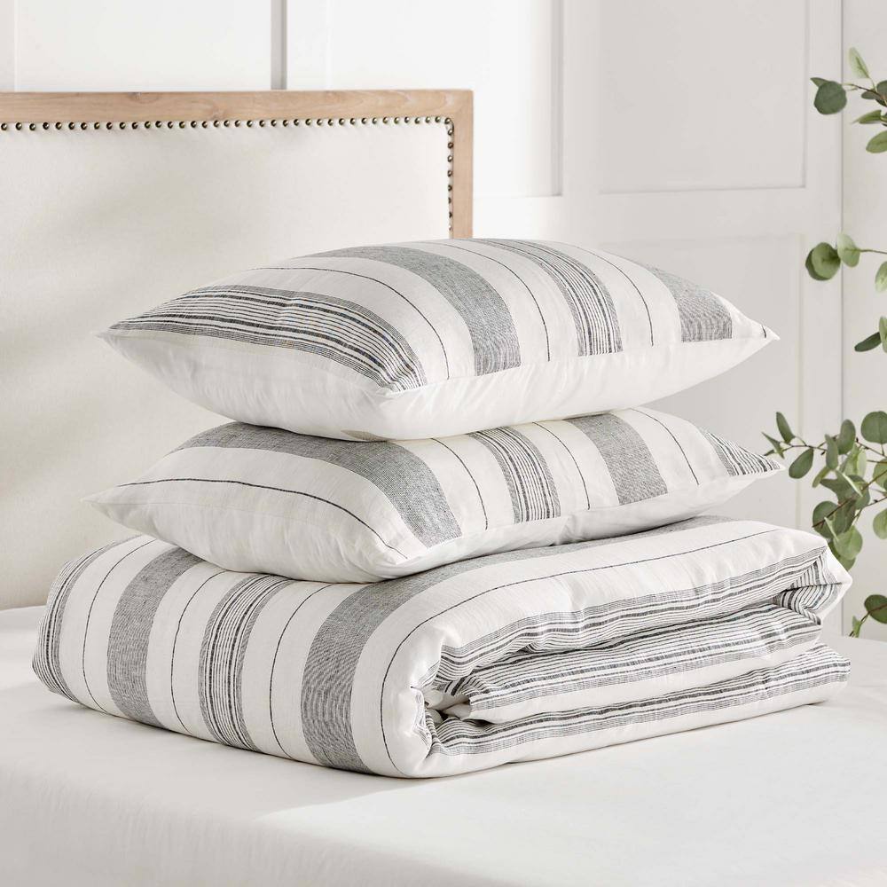 Monroe Stripe Gray and White Cotton King/Cal King Duvet Set