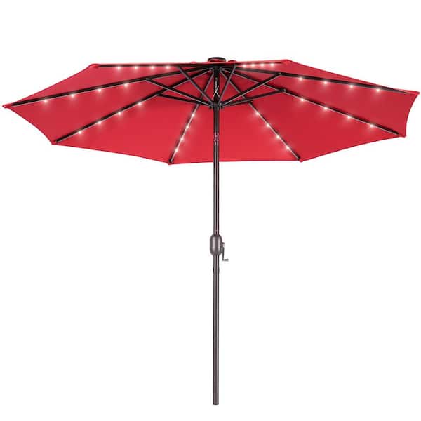10 ft. Steel Solar Market Patio Umbrella Outdoor Table Umbrella With Tilt Button in Chili Red