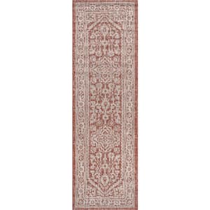 Sinjuri Medallion Textured Weave Red/Taupe 2 ft. x 8 ft. Indoor/Outdoor Runner Rug